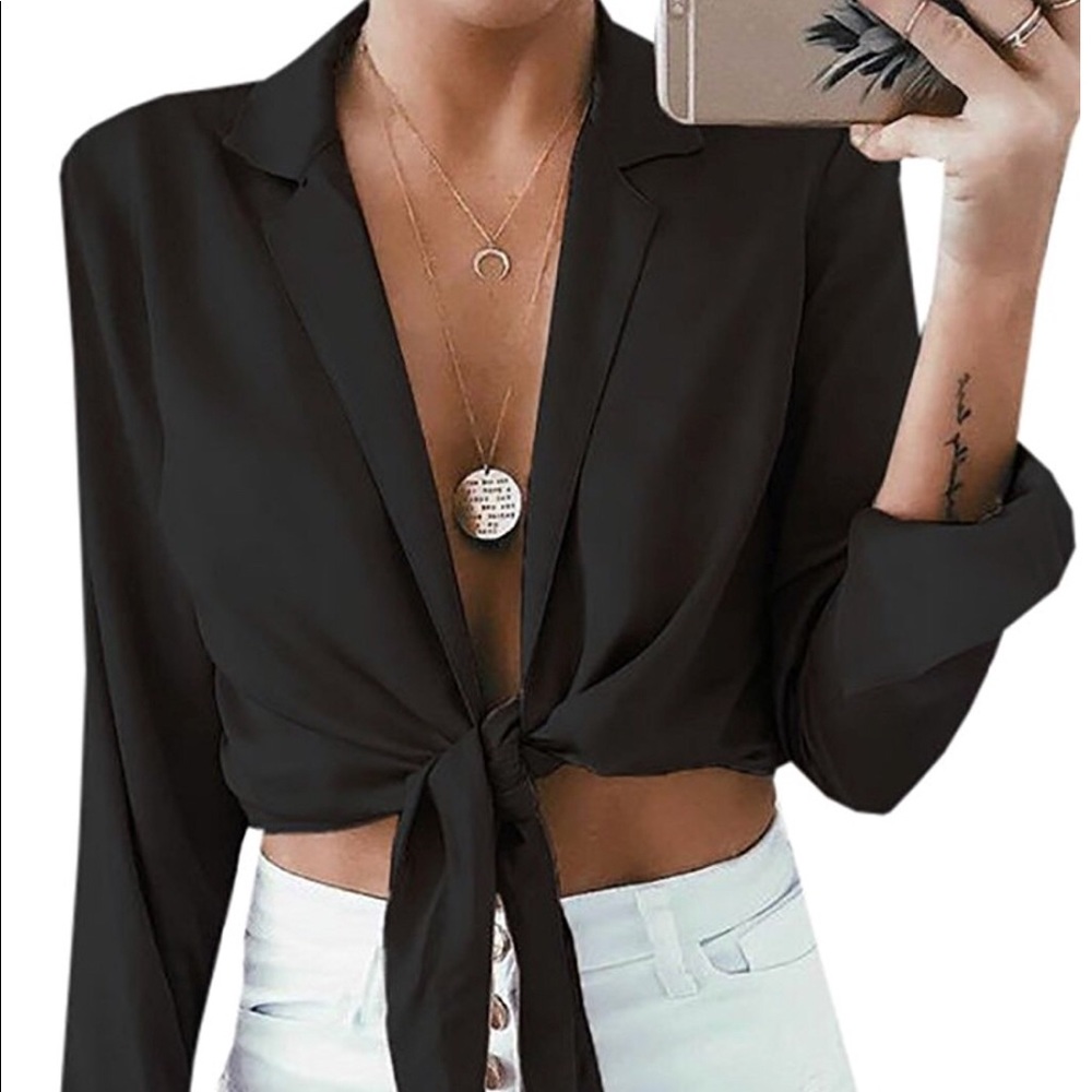 Black front tie trendy blouse